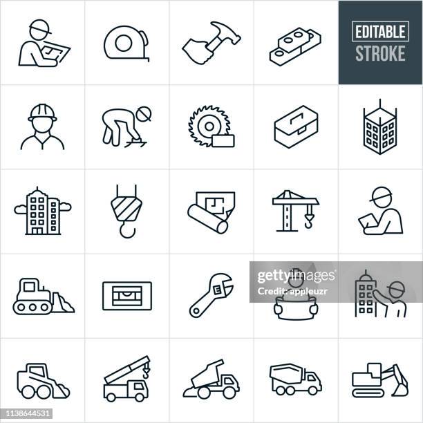 ilustraciones, imágenes clip art, dibujos animados e iconos de stock de construcción iconos de línea delgada-trazo editable - construction icon
