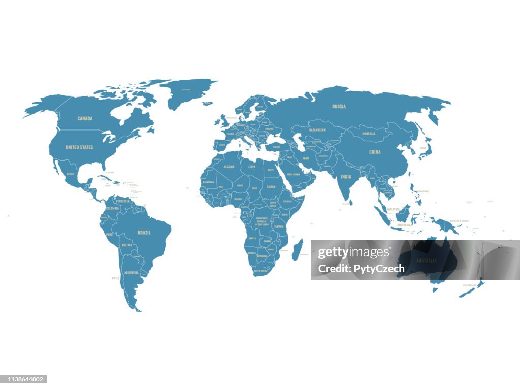 World Status Map Political Vector World Map With State Name Labels Blue Land With Gray ...