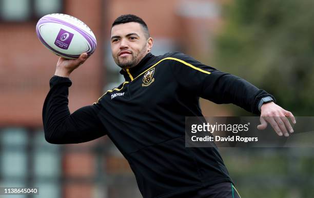 Luther Burrell throws the ball during the Northampton Saints training session held at Franklin's Gardens on March 27, 2019 in Northampton, England.