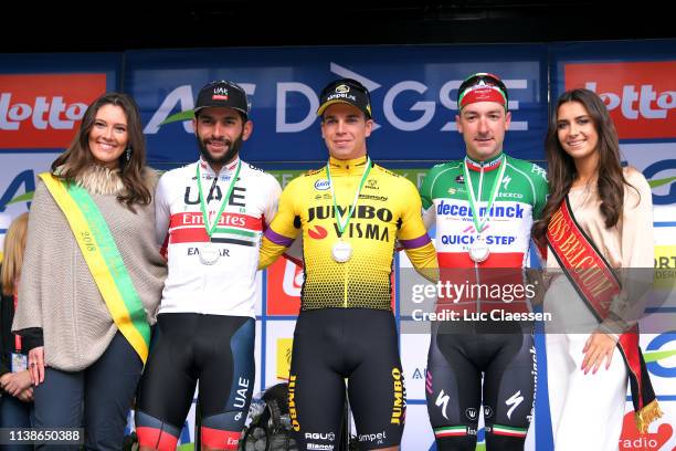 Podium / Fernando Gaviria of Colombia and UAE Team Emirates / Dylan Groenewegen of The Netherlands and Team Jumbo-Visma / Elia Viviani of Italy and...