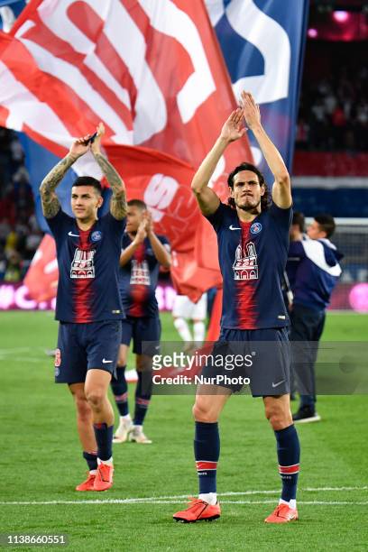 At the end of the french Ligue 1 match between Paris Saint-Germain and AS Monaco at Parc des Princes stadium, the players of the PSG celebrate with...