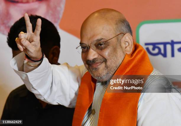 Amit Shah , National President of BJP showing victory Singh a press conference on April 22,2019 in Kolkata,India. Amit Shah said, &quot;Sadhvi Pragya...