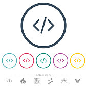 Script code flat color icons in round outlines
