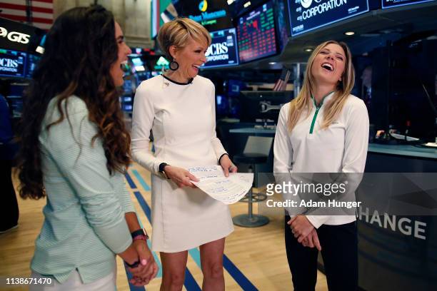 Maria Fassi, Gerri Willis and Sierra Brooks share a laugh at the New York Stock Exchange for the Augusta National Women's Amateur press tour on March...