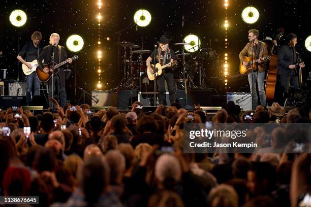 Kris Kristofferson, Willie Nelson and Eric Church perform onstage for Willie: Life and Songs of an American Outlaw at Bridgestone Arena on January...