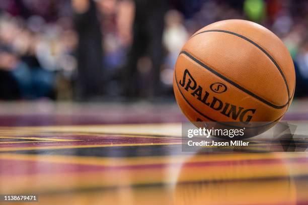 An official Spalding game basketball on the court during the game between the Cleveland Cavaliers and the Oklahoma City Thunder at Quicken Loans...