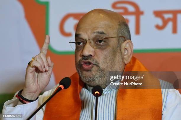 The national president of the Bhartiya Janta Party Amit Shah addresses the media prior to a rally as part of the election campaign in Kolkata, on...
