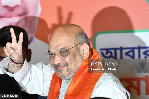 Amit Shah , National President of BJP showing victory Singh a press conference on April 22,2019 in Kolkata,India.