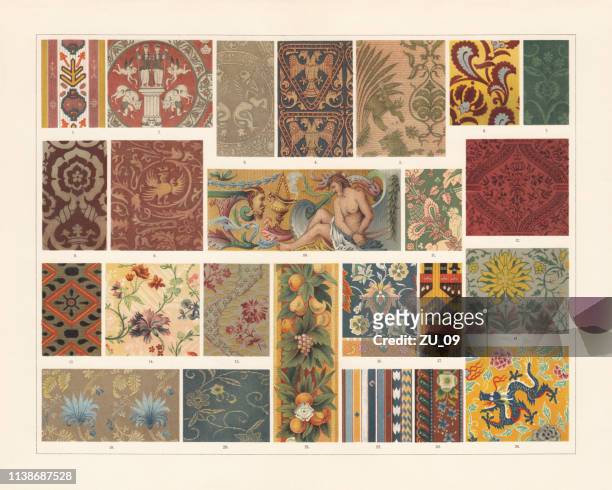 ilustrações, clipart, desenhos animados e ícones de tecidos históricos (antiguidade ao século xix), cromolitografia, publicado 1897 - renascença