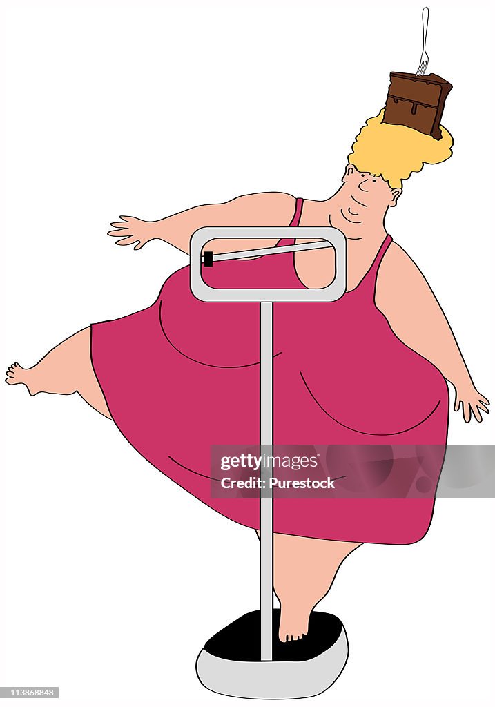Overweight woman standing on weight scale on one leg, illustration