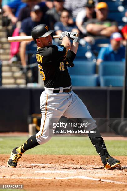 Patrick Kivlehan of the Pittsburgh Pirates bats against the New York Yankees during the Spring Training game at Steinbrenner Field on February 28,...
