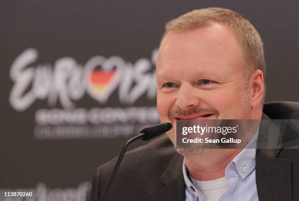 Host Stefan Raab attends a press conference the day before the first semi-finals of the Eurovision Song Contest 2011 on May 9, 2011 in Duesseldorf,...