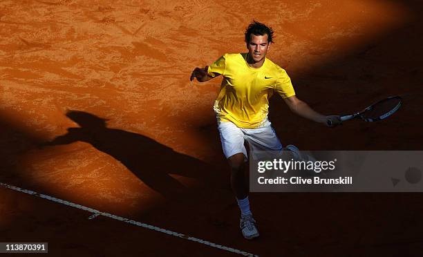 Adrian Mannarino of France plays a forehand during his first round match against Jarkko Nieminen of Finland during day two of the Internazoinali BNL...