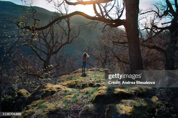 girl standing on the hill in the forest dramatic surrounding - trnava stock pictures, royalty-free photos & images