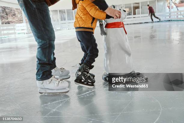 grandfather and grandson on the ice rink, ice skating, using ice bear figure as prop - 3 generations sport stock pictures, royalty-free photos & images