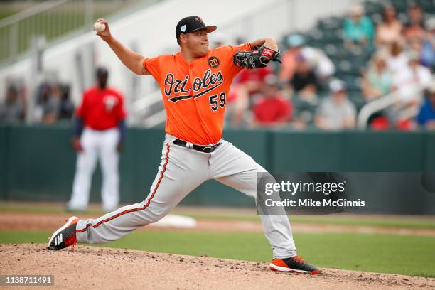 Luis Ortiz of the Baltimore Orioles pitches during the Spring Training game against the Minnesota Twins at Hammond Field on February 25, 2019 in Fort...