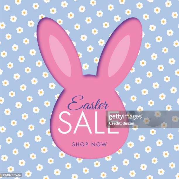 stockillustraties, clipart, cartoons en iconen met pasen verkoop achtergrond met bunny konijn frame. daisy patroon. - easter pattern