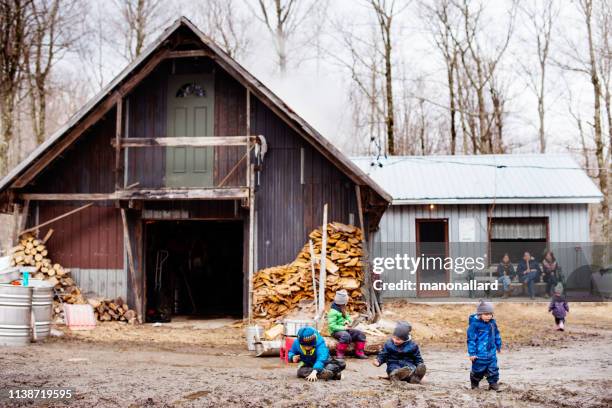 maple siroop familie industrie tijd met multi-generationele familie - sugar shack stockfoto's en -beelden