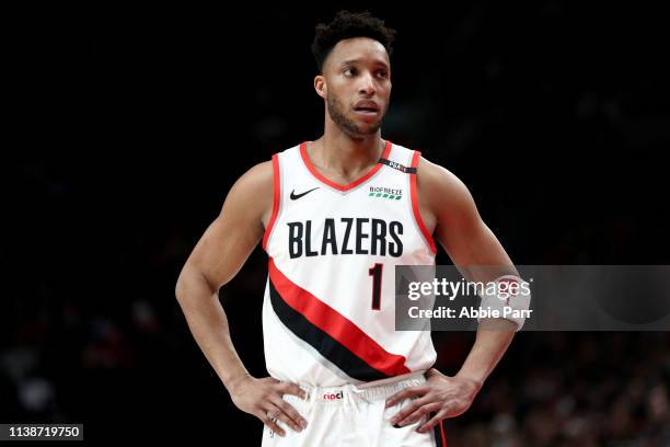 Evan Turner of the Portland Trail Blazers reacts against the Brooklyn Nets in the second quarter during their game at Moda Center on March 25, 2019...