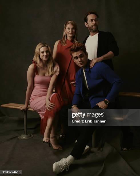 Actors Lili Reinhart, Mädchen Amick, KJ Apa and Luke Perry, from 'Riverdale' are photographed for Vulture on October 7, 2018 in New York City.