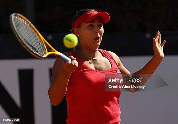 Tamira Paszek of Austria hits a forehand return during her match against Elena Vesnina of Russia during day two of the Internazionali BNL d'Italia at...