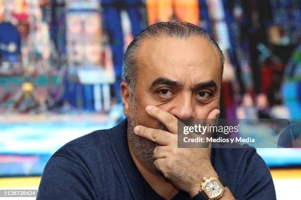 Chico Castillo gestures during a press conference of the Spanish flamenco band Gipsy Kings at Fiesta Americana Reforma Hotel on March 27, 2019 in...