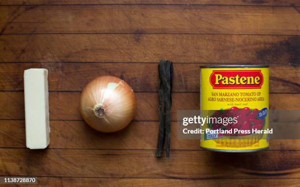 Ingredients for Marcella Hazans tomato butter sauce with the addition of kelp on Wednesday, April 3, 2019.