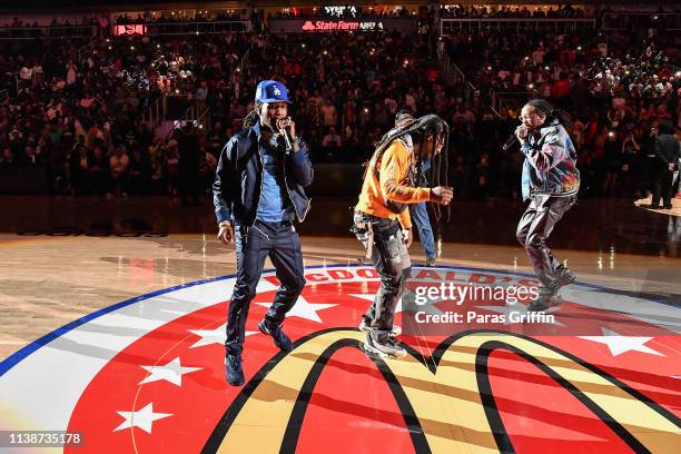 Offset, Takeoff and Quavo of Migos perform during the 42nd Annual McDonald's All American Games at State Farm Arena on March 27, 2019 in Atlanta,...