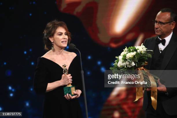 Elena Sofia Ricci receives the Best Actress award during the 64. David Di Donatello Award Ceremony on March 27, 2019 in Rome, Italy.