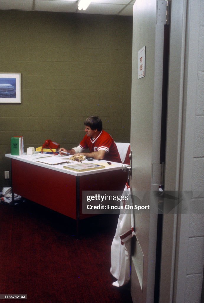 Red Roses Manager Player/Manager Pete Rose of the Cincinnati Reds is seen in his office ...
