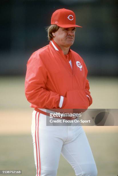 Manager Pete Rose of the Cincinnati Reds looks on during a Major League Baseball spring training game circa 1989 in Plant City, Florida. Rose managed...