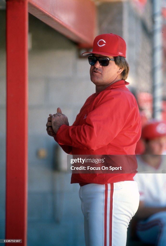 Red Roses Manager Manager Pete Rose of the Cincinnati Reds looks on during a Major ...