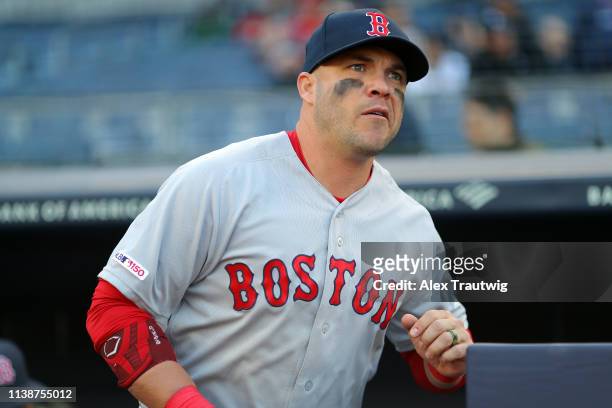 Steve Pearce of the Boston Red Sox takes the field during batting practice before the game between the Boston Red Sox and the New York Yankees at...