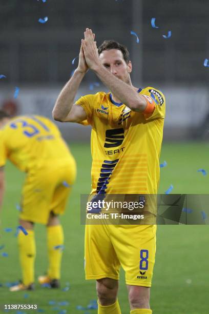 Stephan Fuerstner of Eintracht Braunschweig celebrates after winning the 3. Liga match between KFC Uerdingen 05 and Eintracht Braunschweig at...