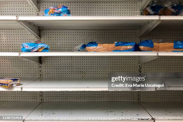 Loafs of sliced bread are on display at one of the stores of the company "Automercados Plaza's " on April 4, 2019 in Caracas, Venezuela. Political...