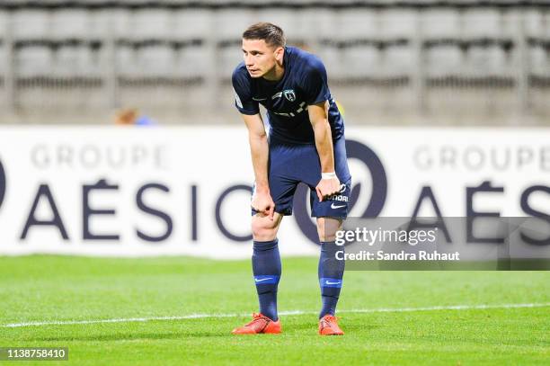 Romain Perraud of Paris FC looks dejected during the Ligue 2 match between Paris FC and Valenciennes FC at Stade Charlety on April 22, 2019 in Paris,...