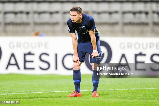 Romain Perraud of Paris FC looks dejected during the Ligue 2 match between Paris FC and Valenciennes FC at Stade Charlety on April 22, 2019 in Paris,...