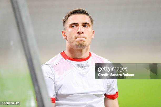 Romain Perraud of Paris FC looks dejected during the Ligue 2 match between Paris FC and Valenciennes FC at Stade Charlety on April 22, 2019 in Paris,...