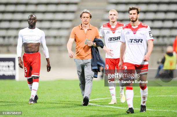 Reginald Ray, head coach of Valenciennes looks dejected during the Ligue 2 match between Paris FC and Valenciennes FC at Stade Charlety on April 22,...