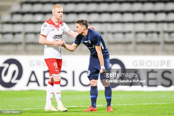 Gaetan Robail of Valenciennes and Romain Perraud of Paris FC during the Ligue 2 match between Paris FC and Valenciennes FC at Stade Charlety on April...