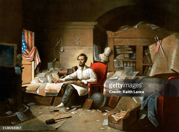 president abraham lincoln writing the emancipation proclamation - abolitionism anti slavery movement stock illustrations