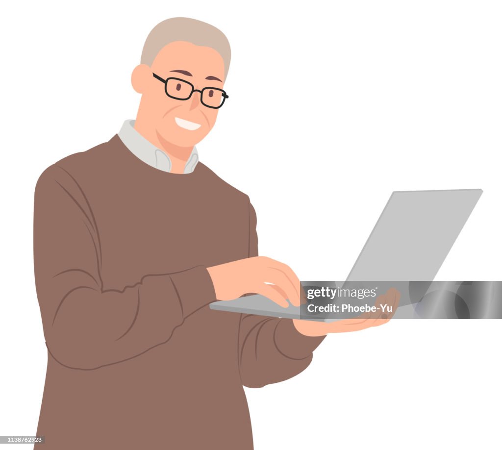 Comic Computer Senior Cartoon People Character Design Smiling Senior Man Holding Laptop ...