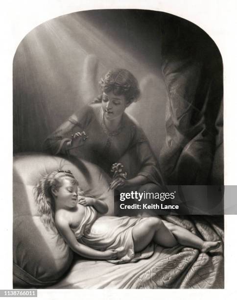 sleeping young girl visited by an angel - tooth fairy stock illustrations