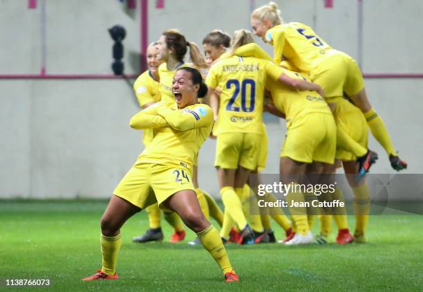 Drew Spence of Chelsea mimicks the celebration of Kylian Mbappe of PSG to celebrate the last minute goal of teammate Maren Mjelde qualifying Chelsea...