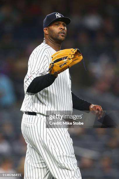 Sabathia of the New York Yankees in action against the Kansas City Royals at Yankee Stadium on April 19, 2019 in New York City. New York Yankees...