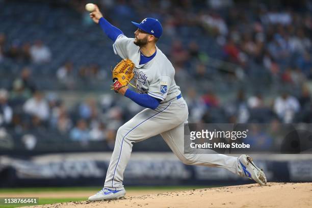 Jakob Junis of the Kansas City Royals in action the New York Yankees at Yankee Stadium on April 19, 2019 in New York City. New York Yankees defeated...