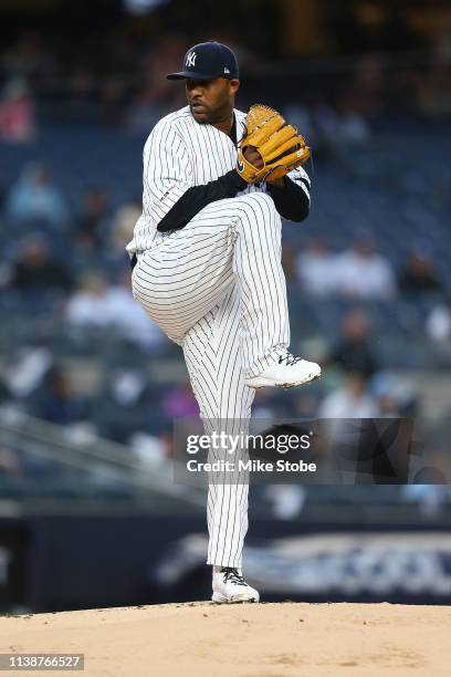 Sabathia of the New York Yankees in action against the Kansas City Royals at Yankee Stadium on April 19, 2019 in New York City. New York Yankees...