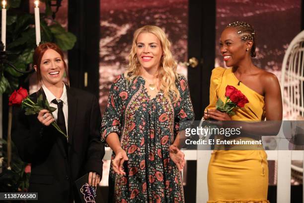 Episode 1087 -- Pictured: Guest Brittany Snow, host Busy Philipps, and guest DeWanda Wise on the set of Busy Tonight --