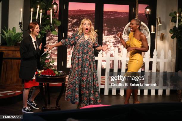 Episode 1087 -- Pictured: Guest Brittany Snow, host Busy Philipps, and guest DeWanda Wise on the set of Busy Tonight --