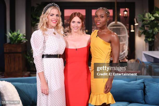 Episode 1087 -- Pictured: Host Busy Philipps, guest Brittany Snow, and guest DeWanda Wise on the set of Busy Tonight --